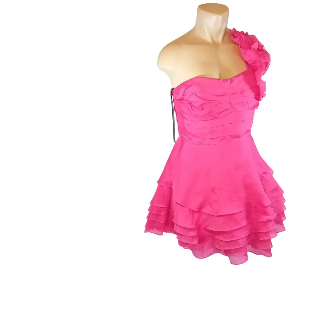 Vintage Y2K Bebe 100% Silk Mini Dress Hot Pink Ruffle One Shoulder Corset Back M - Picture 3 of 16